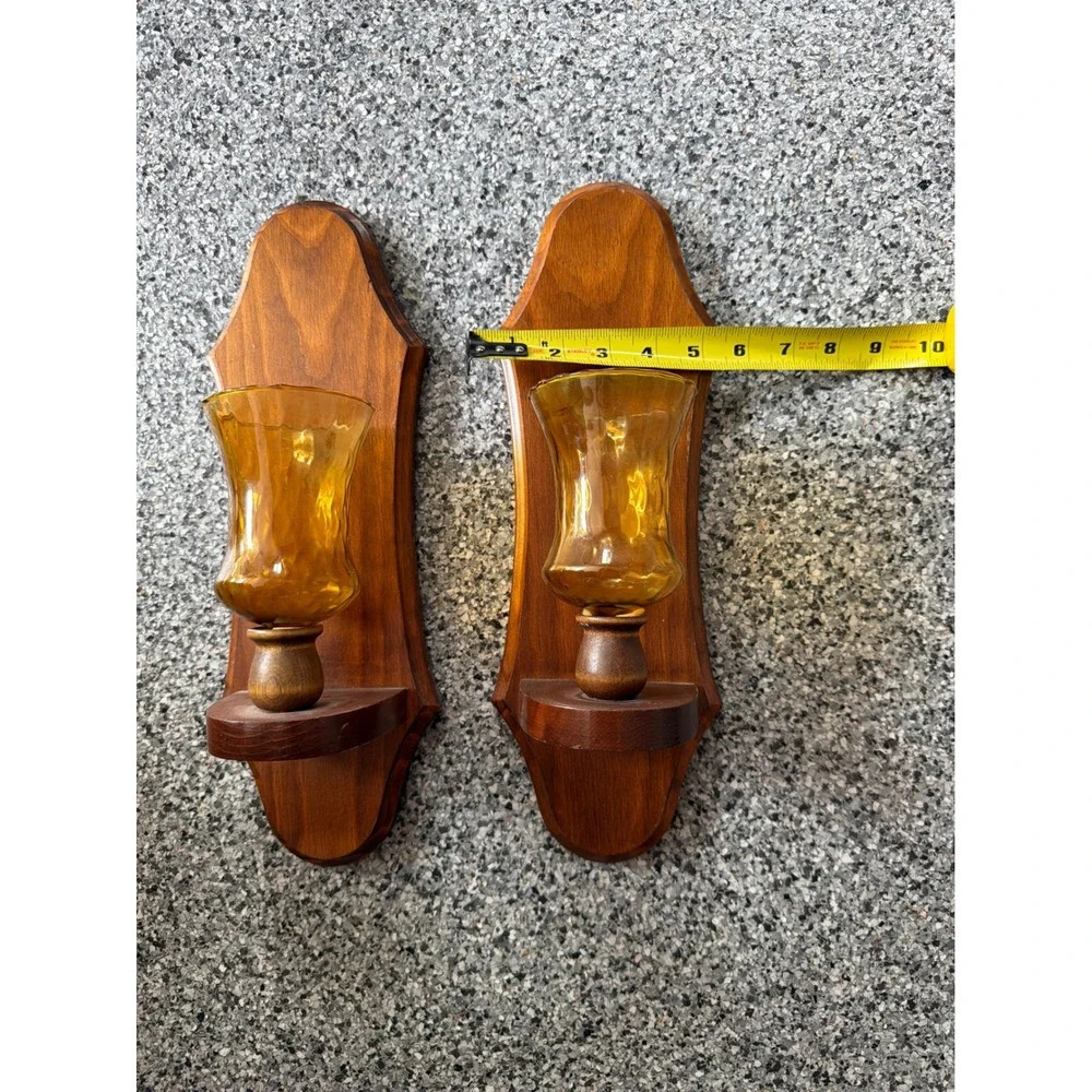 Vintage Wood Wall Sconce Pair Amber Glass Hurricane Candle Holders Mid Century
